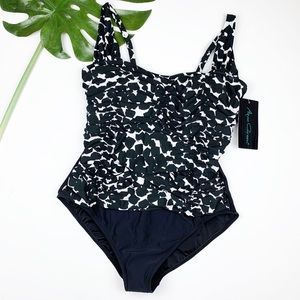 New Aqua Green Shirred Black White Swimsuit 16W